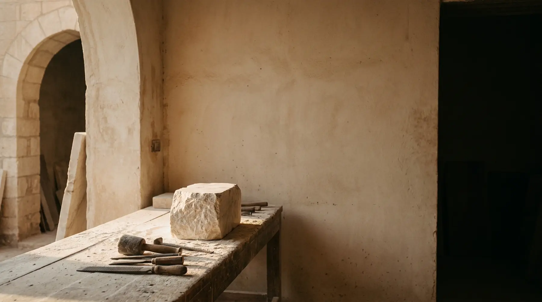 Illustrative workshop scene with marble and hand tools on a wooden bench