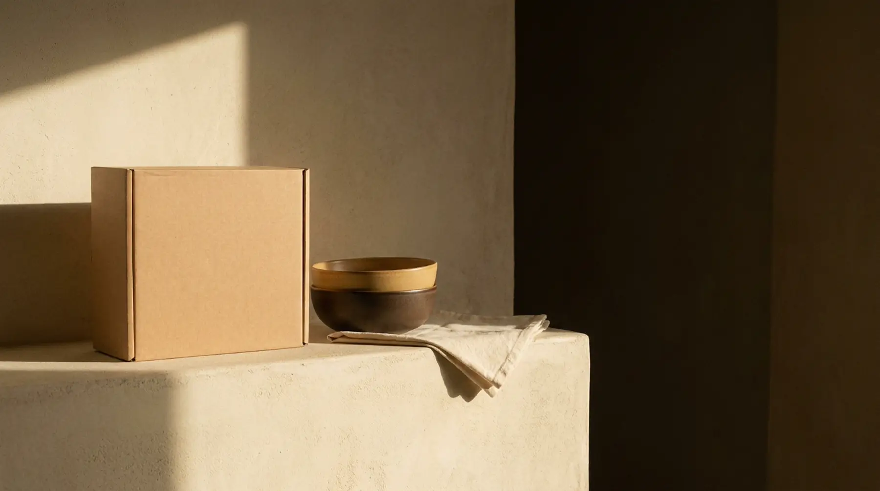An unprinted carton beside bowls and folded cotton, an illustrative own-label product scene